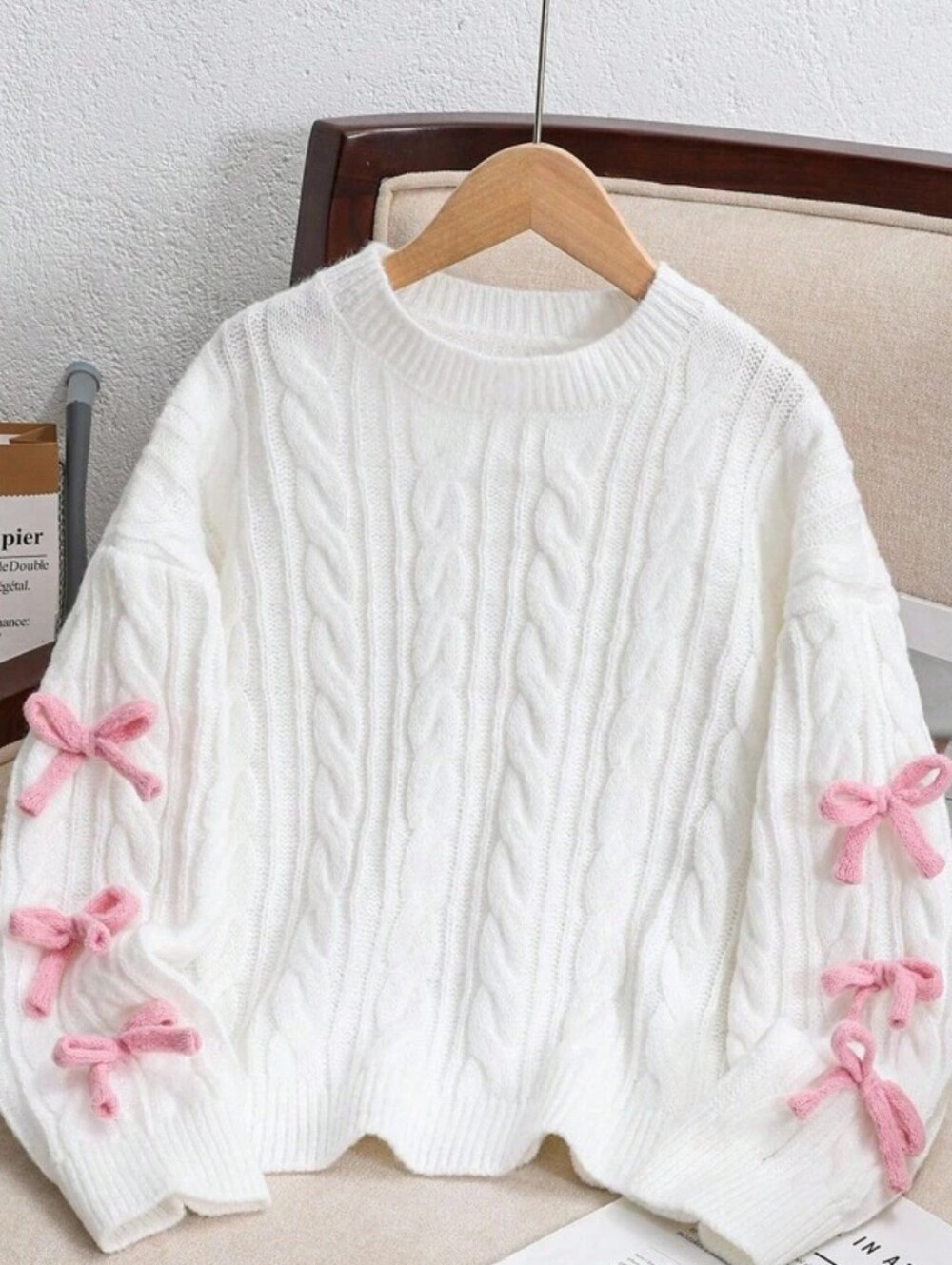 SHEIN White Cable Knit Crew Sweater with Pink Bow Trim Size 11 Yrs